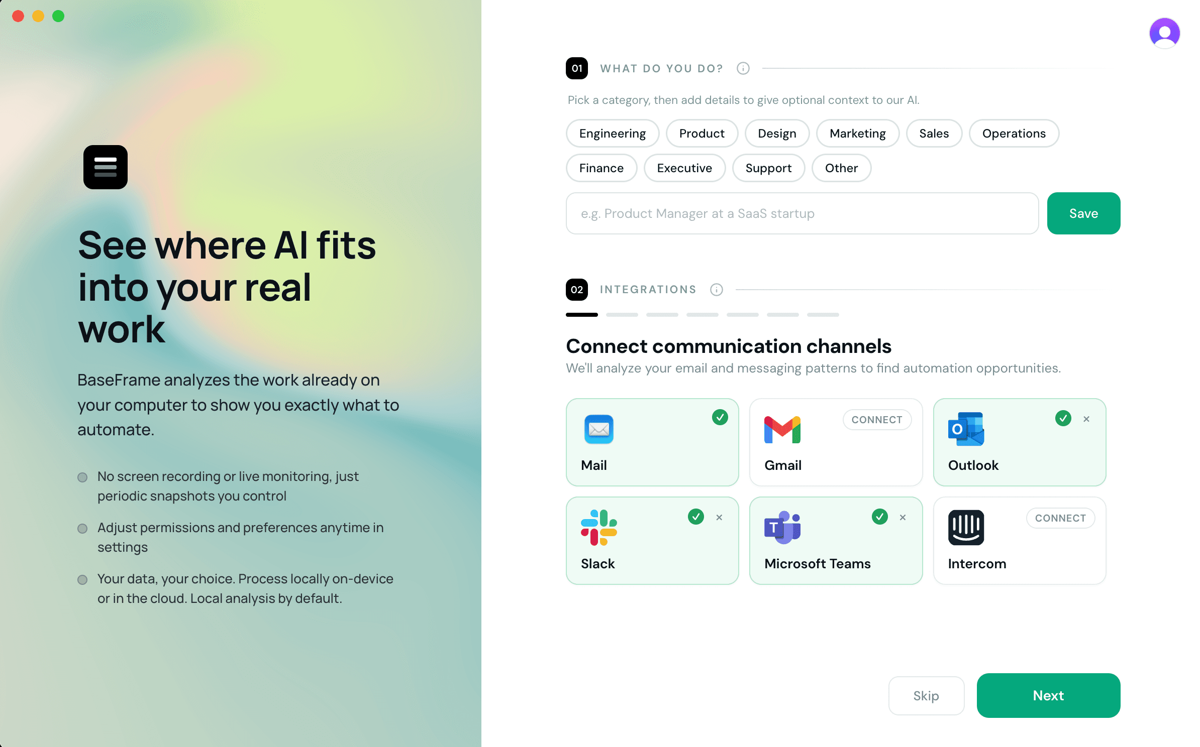 BaseFrame product showing AI automation suggestions across a team's workflow.